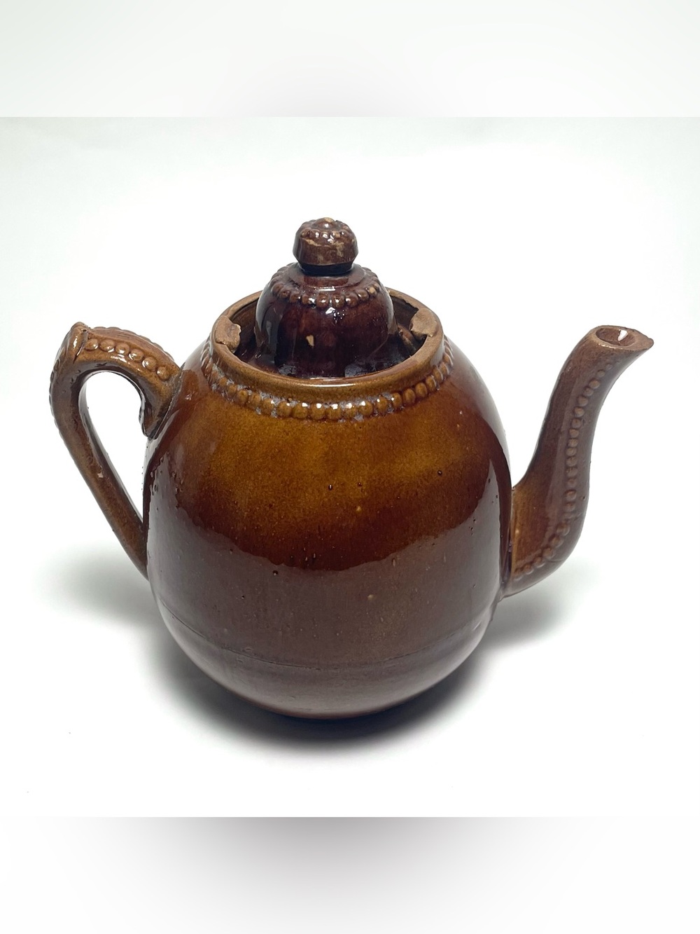 Vintage Brown Rockingham Pottery Teapot Relief Bead Collar Spout Molded Ceramic
